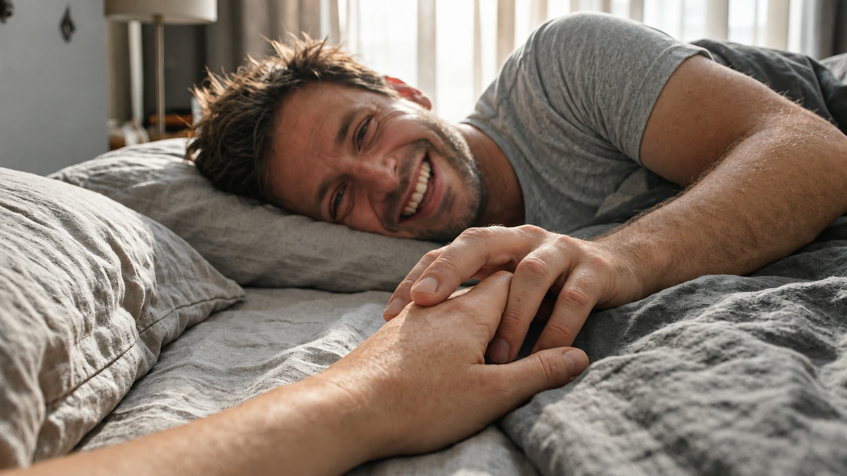 Morning light. Two hands loosely interlaced on a linen bed, a partner smiling.